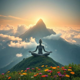 A majestic mountain landscape that resembles the serene figure of a girl in a meditative pose, surrounded by lush greenery and soft clouds