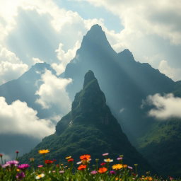 A majestic mountain landscape that resembles the serene figure of a girl in a meditative pose, surrounded by lush greenery and soft clouds