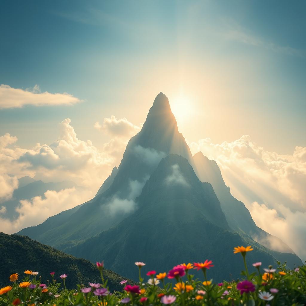 A majestic mountain landscape that resembles the serene figure of a girl in a meditative pose, surrounded by lush greenery and soft clouds
