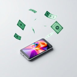 A simple image featuring a smartphone placed on a flat surface, with bills and dollar notes flying around it in a dynamic and lively manner