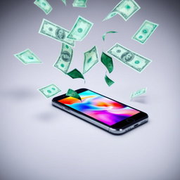 A simple image featuring a smartphone placed on a flat surface, with bills and dollar notes flying around it in a dynamic and lively manner