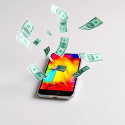 A simple image featuring a smartphone placed on a flat surface, with bills and dollar notes flying around it in a dynamic and lively manner