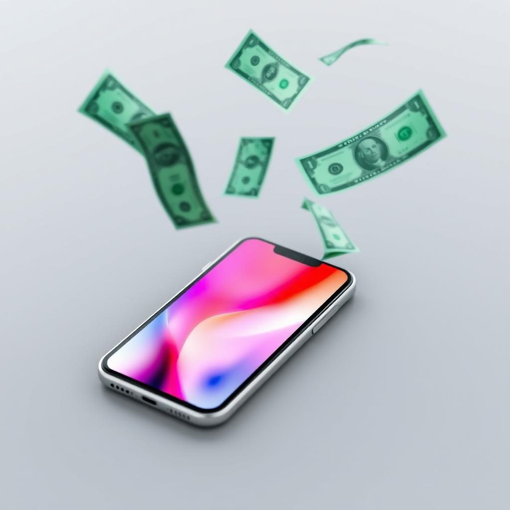 A simple image featuring a smartphone placed on a flat surface, with bills and dollar notes flying around it in a dynamic and lively manner