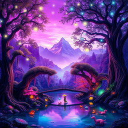 A vibrant scene showcasing a fantasy forest at twilight, bathed in colorful hues of purple and blue