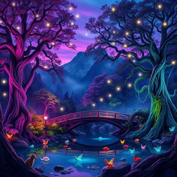 A vibrant scene showcasing a fantasy forest at twilight, bathed in colorful hues of purple and blue