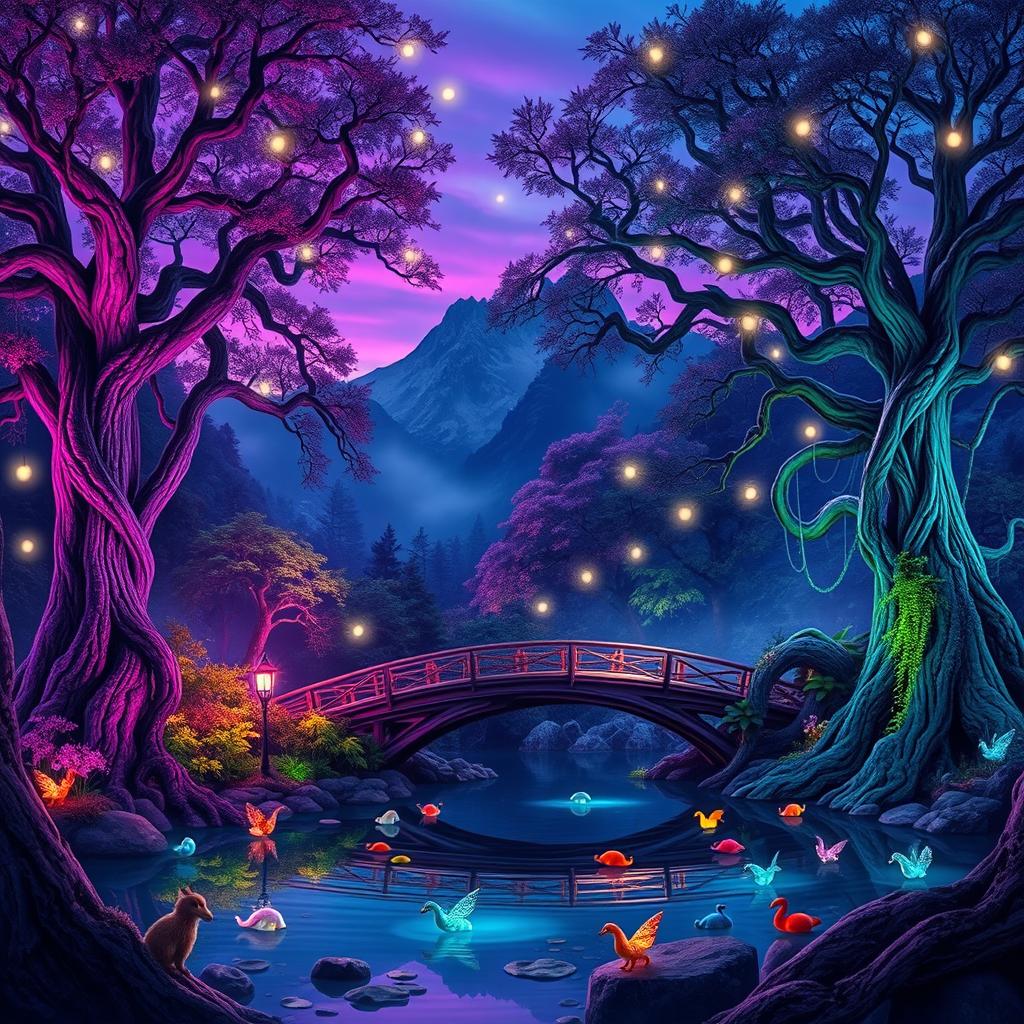 A vibrant scene showcasing a fantasy forest at twilight, bathed in colorful hues of purple and blue