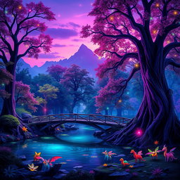 A vibrant scene showcasing a fantasy forest at twilight, bathed in colorful hues of purple and blue