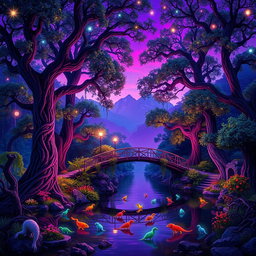 A vibrant scene showcasing a fantasy forest at twilight, bathed in colorful hues of purple and blue