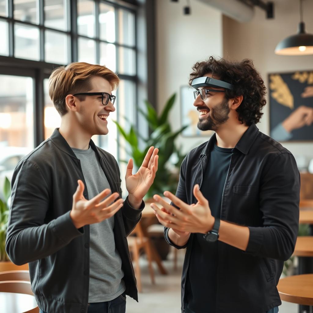 A scene featuring two young deaf men wearing advanced smart glasses specifically designed for the hearing impaired