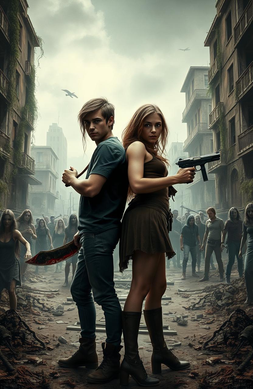 A young couple stands back-to-back in a ruined, overgrown city