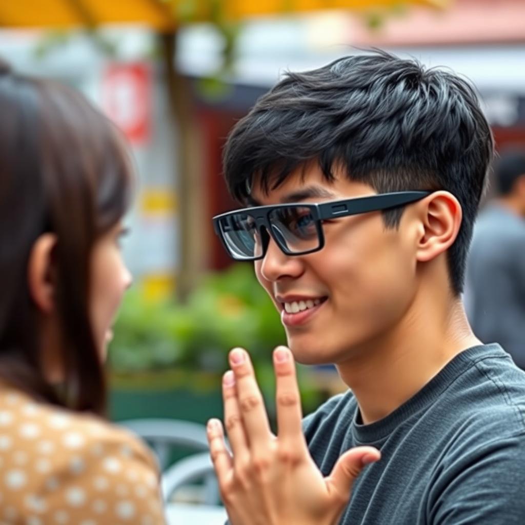 A young, deaf and mute man wearing a specialized smart glasses for the deaf, engaged in a conversation with another person using sign language
