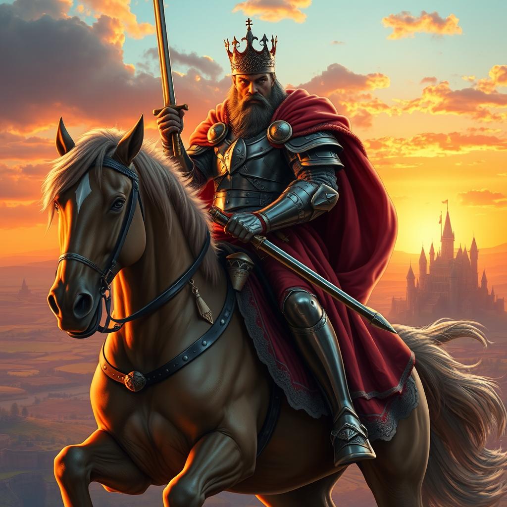 A majestic king riding a powerful horse, adorned in lavish armor and a grand cape
