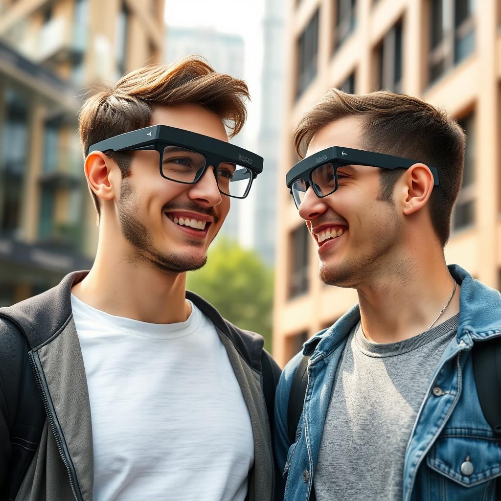 A young deaf mute man wearing smart glasses designed for communication with other deaf individuals, engaged in a conversation with another young man