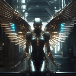 A futuristic AI angel in a serene setting, endowed with metallic wings, glowing eyes and intricate circuits replacing traditional feather undertones.
