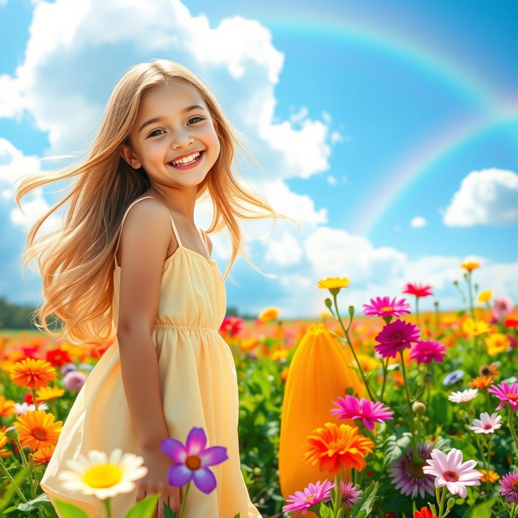 A happy, beautiful girl standing in a vibrant world filled with colorful flowers and lush greenery, her long flowing hair catching the sunlight