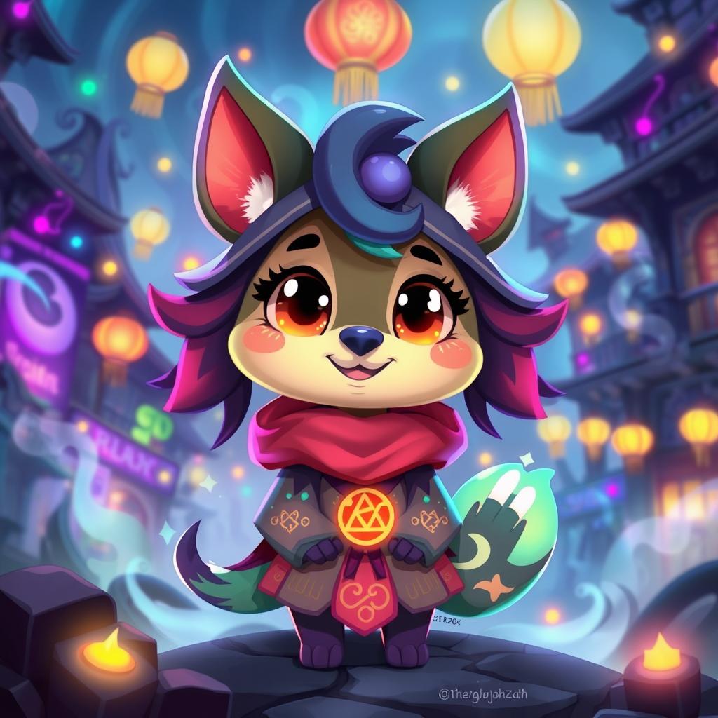 A whimsical, anthropomorphic animal character from the spirit city, featuring vibrant colors and intricate patterns