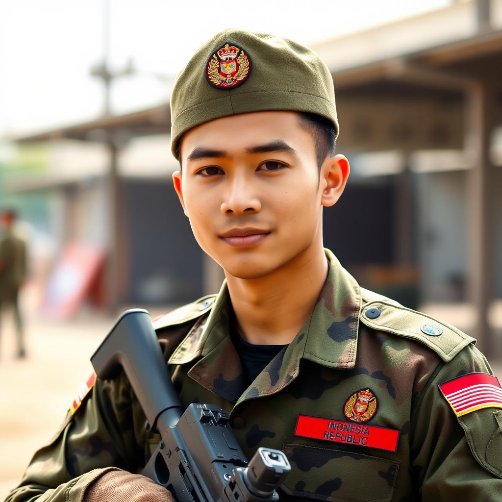 A professional male soldier from the Indonesian Republic Army, dressed in appropriate military attire, actively engaged in a typical task related to his profession