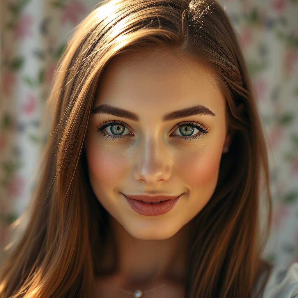 A close-up portrait of a striking young woman with radiant skin and vibrant green eyes, framed by long, flowing chestnut hair that cascades over her shoulders