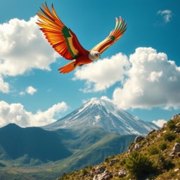 The legendary Simorgh, a majestic mythical bird of Persian folklore, soaring gracefully above Damavand Peak, the highest mountain in Iran