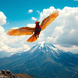 The legendary Simorgh, a majestic mythical bird of Persian folklore, soaring gracefully above Damavand Peak, the highest mountain in Iran