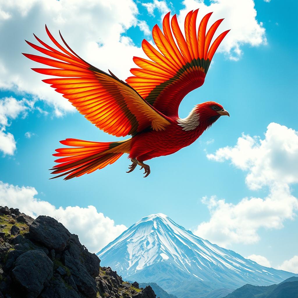 The legendary Simorgh, a majestic mythical bird of Persian folklore, soaring gracefully above Damavand Peak, the highest mountain in Iran