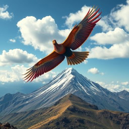 The legendary Simorgh, a majestic mythical bird of Persian folklore, soaring gracefully above Damavand Peak, the highest mountain in Iran