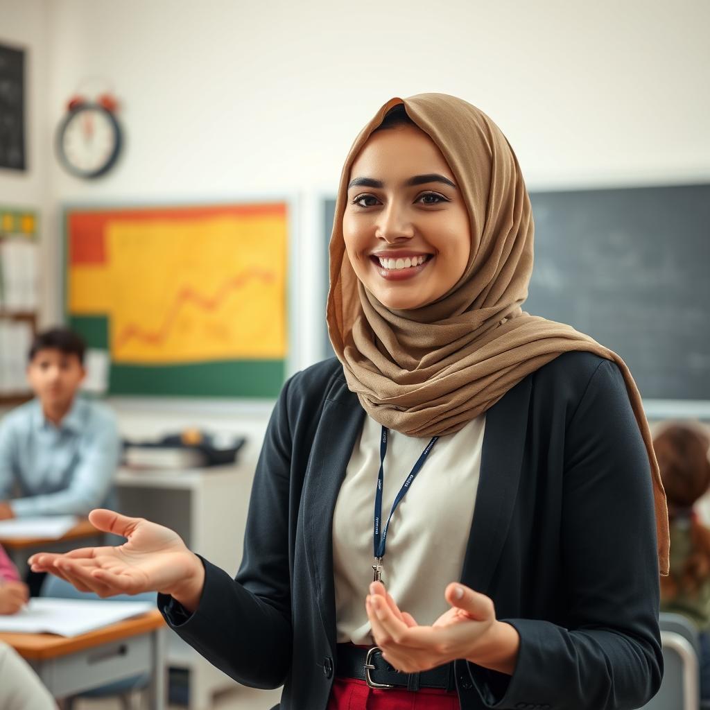A professional female teacher wearing a hijab, dressed in appropriate attire for her profession, actively engaged in a typical teaching activity