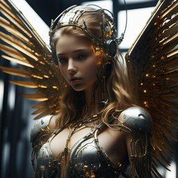 A futuristic AI angel in a serene setting, endowed with metallic wings, glowing eyes and intricate circuits replacing traditional feather undertones.