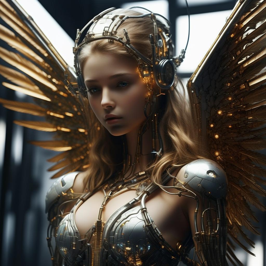 A futuristic AI angel in a serene setting, endowed with metallic wings, glowing eyes and intricate circuits replacing traditional feather undertones.