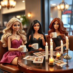 Three Barbie dolls are sitting in a modern café, sipping coffee while observing a tarot card reading