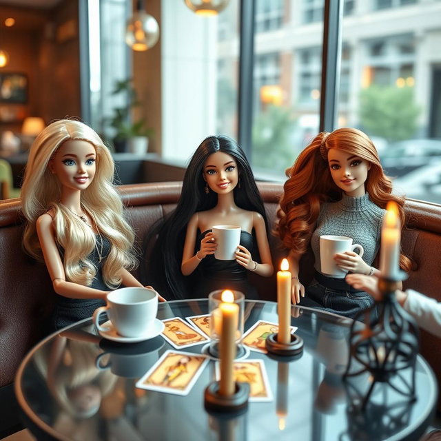 Three Barbie dolls are sitting in a modern café, sipping coffee while observing a tarot card reading
