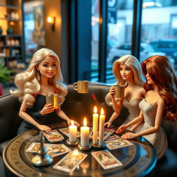 Three Barbie dolls are sitting in a modern café, sipping coffee while observing a tarot card reading