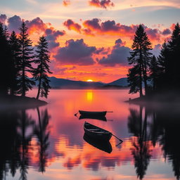 A beautiful and serene sunset over a tranquil lake with vivid orange, pink, and purple hues reflecting on the water's surface