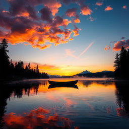 A beautiful and serene sunset over a tranquil lake with vivid orange, pink, and purple hues reflecting on the water's surface