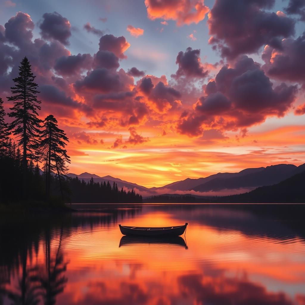 A beautiful and serene sunset over a tranquil lake with vivid orange, pink, and purple hues reflecting on the water's surface