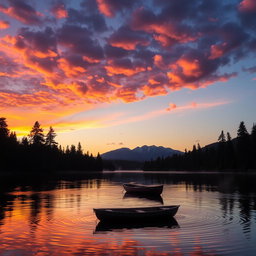 A beautiful and serene sunset over a tranquil lake with vivid orange, pink, and purple hues reflecting on the water's surface