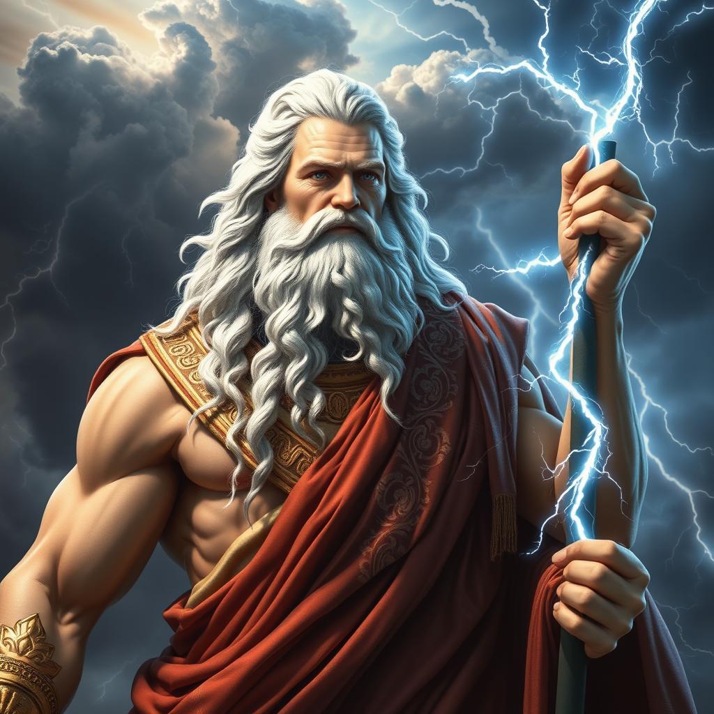 A grand and majestic portrait of Zeus, the Greek god of thunder and ruler of Mount Olympus