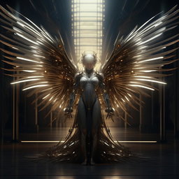 A futuristic AI angel in a serene setting, endowed with metallic wings, glowing eyes and intricate circuits replacing traditional feather undertones.