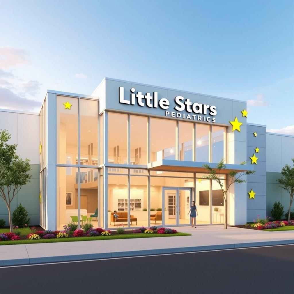 A modern architectural design for a pediatric clinic named "Little Stars Pediatrics"