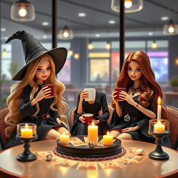 Three young Barbies in witch attire sitting in a modern café, sipping coffee while watching a tarot reading