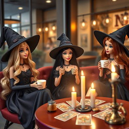 Three young Barbies in witch attire sitting in a modern café, sipping coffee while watching a tarot reading