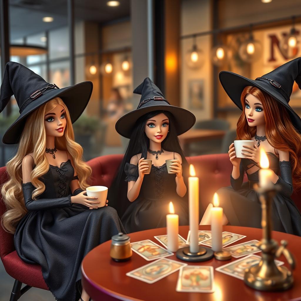 Three young Barbies in witch attire sitting in a modern café, sipping coffee while watching a tarot reading