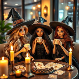 Three young Barbies in witch attire sitting in a modern café, sipping coffee while watching a tarot reading