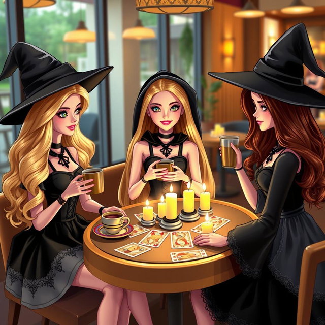 Three young Barbies in witch attire sitting in a modern café, sipping coffee while watching a tarot reading