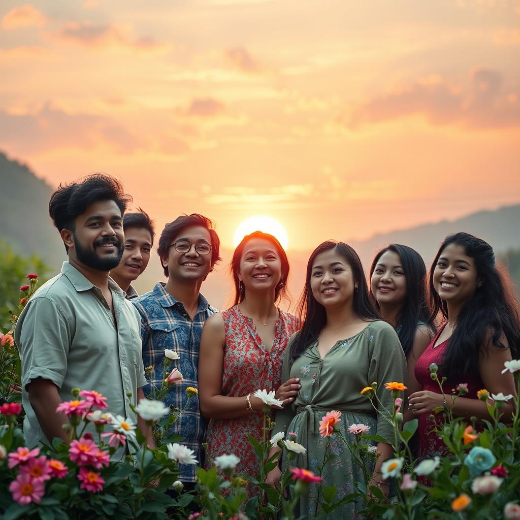 The believers, depicted as a diverse group of people, stand together in a serene and uplifting natural landscape, filled with lush greenery and blooming flowers
