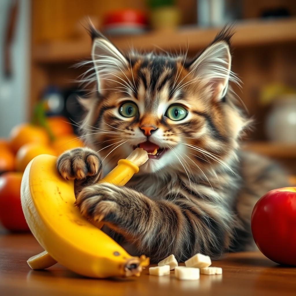 A cute domestic cat with fluffy fur, joyfully munching on a ripe yellow banana