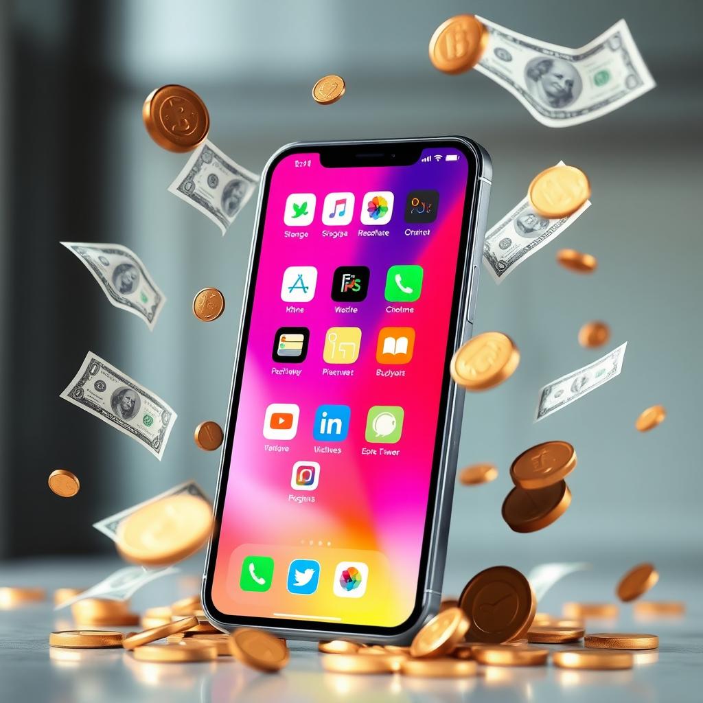 A stylized image of a large smartphone screen displaying a vivid user interface, with various application icons, surrounded by bills and coins flying in the air