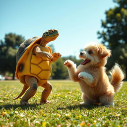 A whimsical scene depicting a brave turtle standing on its hind legs, playfully confronting a friendly dog with a playful expression