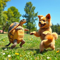 A whimsical scene depicting a brave turtle standing on its hind legs, playfully confronting a friendly dog with a playful expression