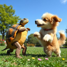 A whimsical scene depicting a brave turtle standing on its hind legs, playfully confronting a friendly dog with a playful expression
